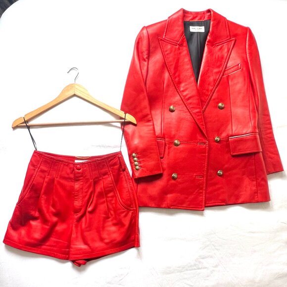 YSL Saint Laurent Red Leather Blazer Jacket Matching Shorts Suit Set Women Small - Picture 3 of 15